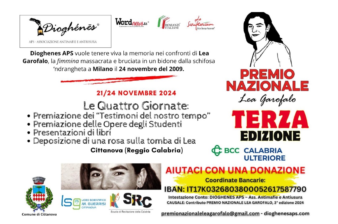 Terza edizione Premio nazionale &#8220;Lea Garofalo&#8221;, La fimmina che sfidò la schifosa ‘ndrangheta &#8211; 21-24 Novembre 2024