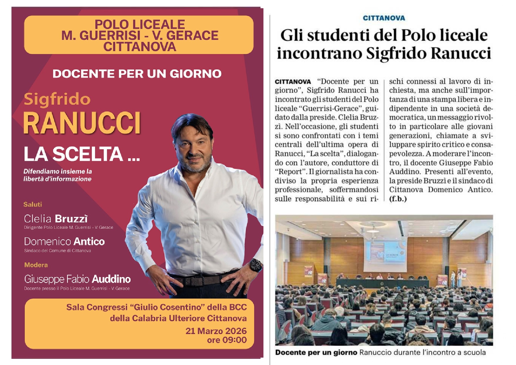 Evento “DOCENTE PER UN GIORNO” Sigfrido Ranucci conduttore di Report autore del libro “La scelta”